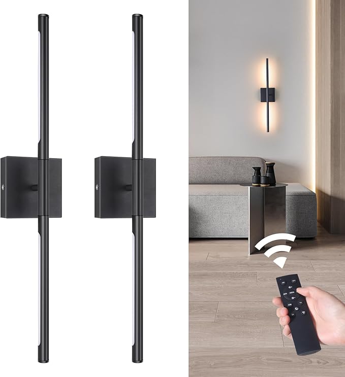 Battery Operated Wall Sconce Set of 2, 8000mAh Wireless Wall Sconces, 3000K-6000K Dimmable, 350°Rotate, Indoor Wall Lights with Remote for Bedroom Living Room Bathroom, Black, 23.6 Inch
