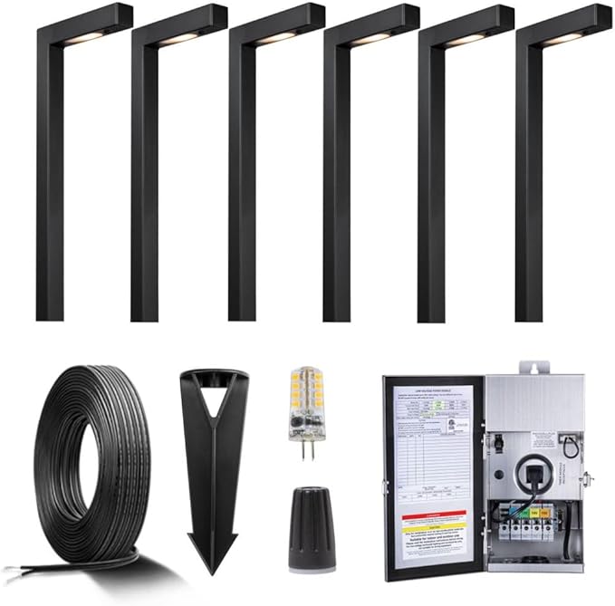 Black Brass Low Voltage Landscape Path Lights(6 Pack) Kit 12V LED with Low Voltage Transformer 150W and Mechanical Timer and 100FT Wire and 30Pack Connectors for Outdoor Yard Driveway