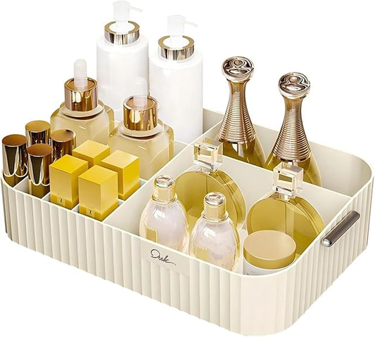 DASITON Large Capacity Makeup Organizer,12 Slots Makeup Brush Holder,Makeup Storage with Handle,Vintage Striped Cosmetic Organizer for Bathroom Countertops,Desk Storage Container(Cream)