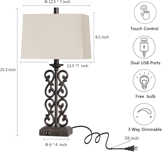 25" Set of 2 Touch Modern Resin Table Lamps for Living Room with Dual USB Ports, 3-Way Dimmable Rustic Bedside Lamps, Farmhouse Nightstand Lamp for Bedroom Office Decor, 2 Bulbs Included