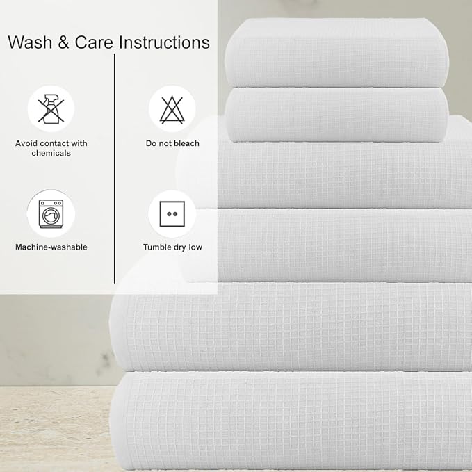 CASA COPENHAGEN Waffle Towel, 6Pieces 100% Cotton Large Towel Set- White, 2Bath 2Hand 2Washcloths Instant Absorb and Dry, Soft Strong Towels for Hotel Spa Kitchen Bathroom & Shower