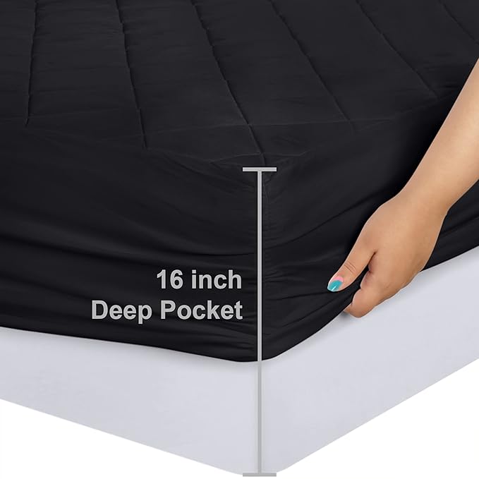 Utopia Bedding Quilted Fitted Mattress Pad, Twin Size, Elastic Fitted Mattress Topper Protector and Cover Stretches up to 16 Inches Deep, Machine Washable (Black)