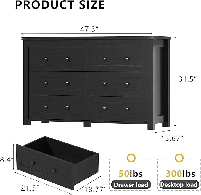 Black Dresser for Bedroom with 6 Drawers, Modern Chest of Drawers, Wood Dressers Bedroom Furniture Wide Storage Organizer, 6 Drawer Dresser for Closet, Living Room, Hallway