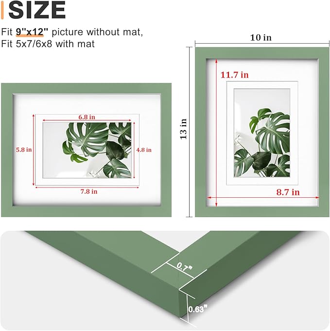 Egofine 9x12 Picture Frame Made of Solid Wood Covered by Plexiglass, Wood Frame for Pictures 5x7/6x8 with Mat or 9x12 without Mat, Tabletop and Wall Mounting Display, Green