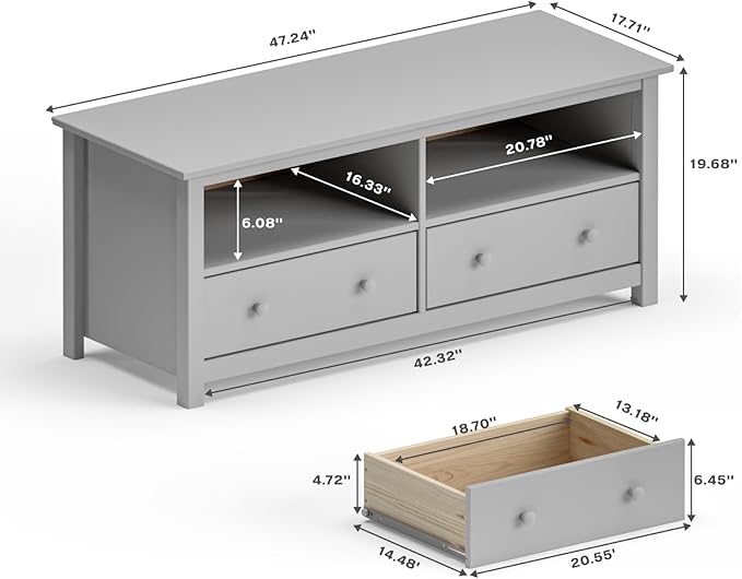 Handcrafted Solid Oak TV Stand Entertainment Center - Elegant Gray Media Console with Spacious Storage Drawers & Open Shelves - Sturdy Wood Cabinet Fits TVs up to 55 Inches