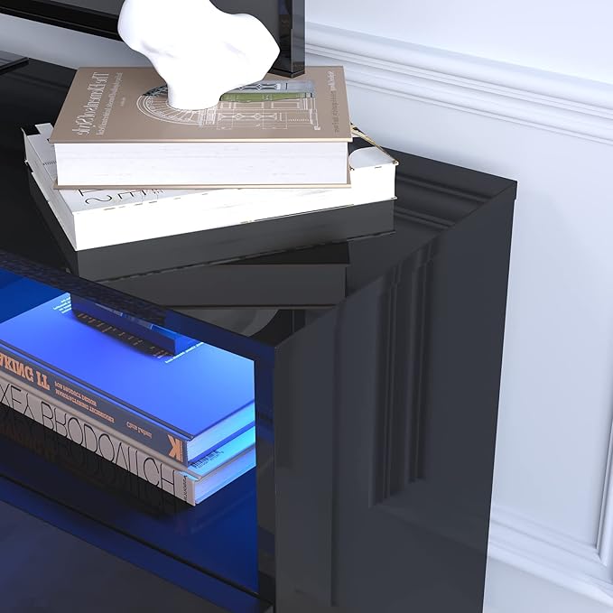 St.Mandyu LED TV Stand for 60/65/70 inch TV, Modern Television Table Center Media Console with Drawer and Led Lights, High Glossy Entertainment Center for Living Game Room Bedroom, Black¡