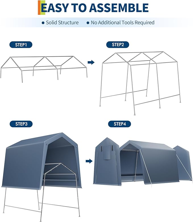 7x12 FT Outdoor Portable Storage Shelter Shed,Heavy Duty Waterproof Tarp,Motorcycle Garage with Roll-up Zipper Door,Storage Tent for Motorcycle Bike Wood Tool Lawn Mower,Gray