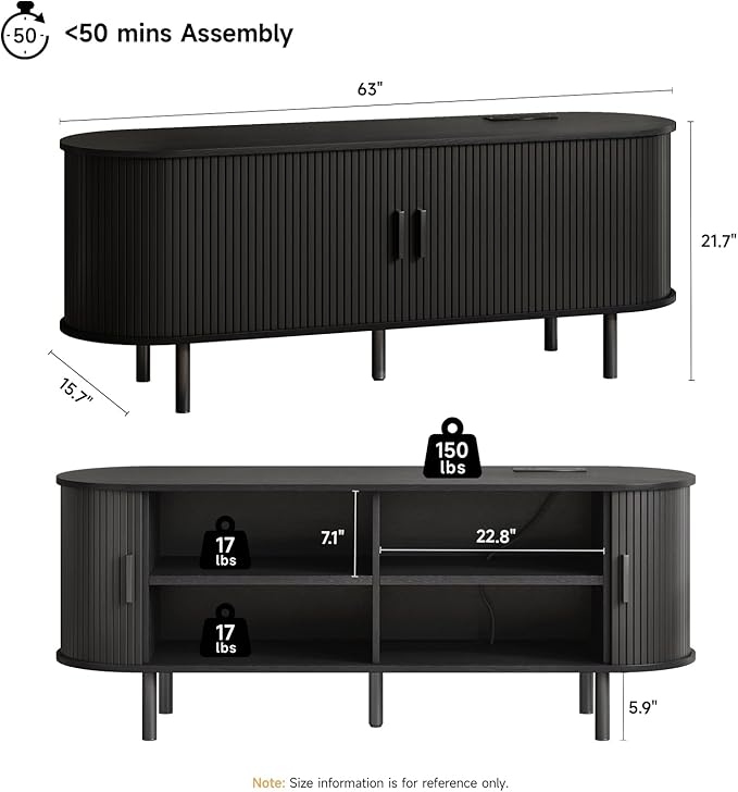 63" TV Stand with Power Outlet for TVs up to 70 Inch, Entertainment Center with Storage and Adjustable Shelves, Modern Media Console with Sliding Doors for Living Room, Black