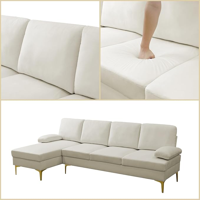 L Shaped Sectional Couch, Modern Modular Sectional Sofa with Chaise, 4 Seat Lounge Comfy L Shaped Couch Set with High Density Memory Foam for Living Room Apartment, White