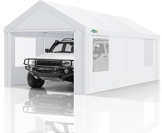 COBIZI Carport Canopy 12x20 Heavy Duty Portable Garage with Removable Sidewalls & Doors, Galvanized Frame Car Port Canopy Tent with Built-in Sandbags & All-Season Tarp for Car Boat Truck, White