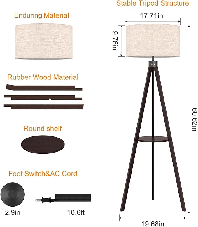 LEPOWER Tripod Floor Lamp, Mid Century Wood Standing Lamp, Modern Design Shelf Floor Lamp for Living Room, Bedroom, Office, Flaxen Linen Shade with E26 Lamp Base Walnut