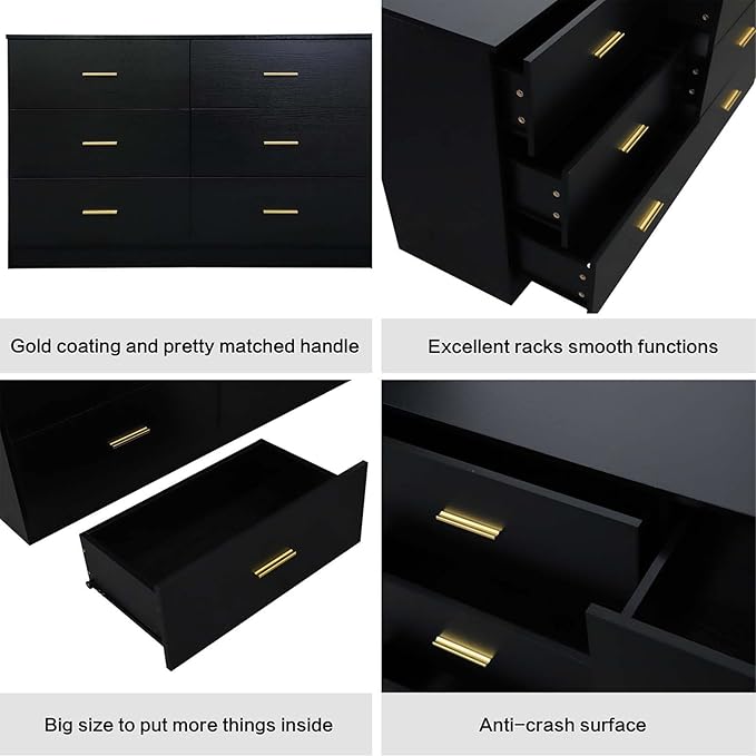 Modern 6 Drawer Dresser for Bedroom, Dresser Chest of Drawer with Large Drawers and Golden Handles, Wooden Dressers Drawer Storage Unit for Bedroom, Living Room or Closet (Black)