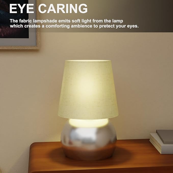 Set of 2 Small Silver Spherical Base Bedside Table Lamp with Textured Linen Shade (Bulb Included)