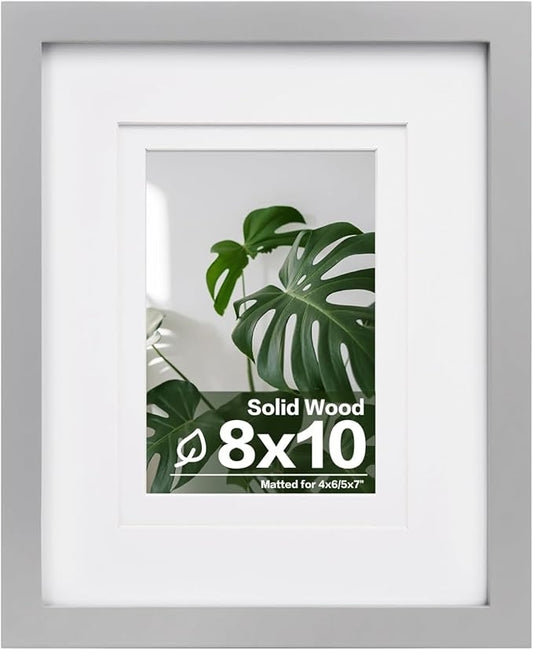 Egofine 8x10 Picture FrameMade of Solid Wood with Plexiglass, Display Pictures 4x6/5x7 with Mat or 8x10 Without Mat, for Tabletop and Wall Mounting Photo Frame, Light Gray
