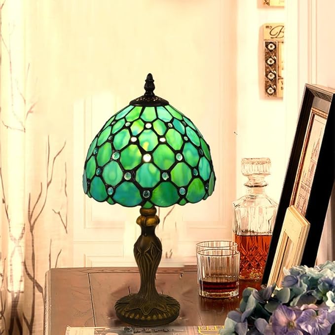 Tiffany Table Lamp Blue Beads Stained Glass 3 Way Table Lamps for Living Room Nightstand Bedside Bedroom Home Office Desk Lamps W/LED Bulb 8X8X15Inch