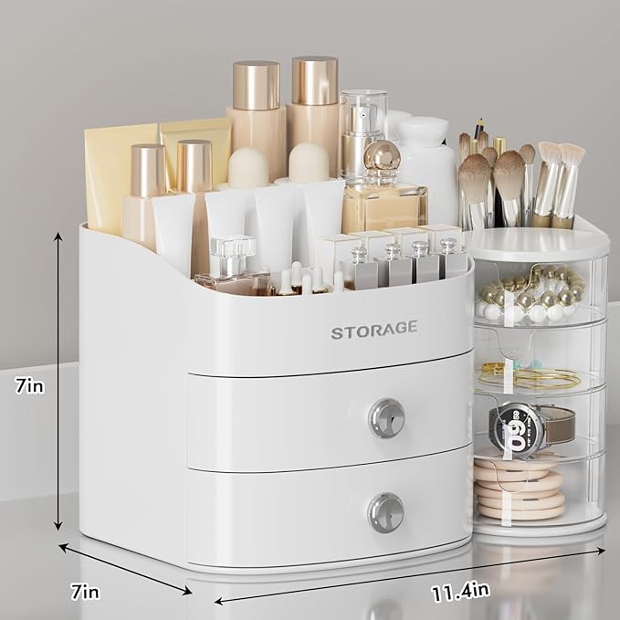 Makeup Organizer Countertop with Drawers, Make up Organizers for Vanity, Skincare Jewelry Earring Organizers, Cosmetic Display Cases Makeup Storage for Bedroom & Bathroom, Ideal Gifts for Women(White)