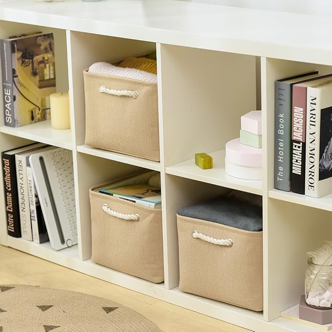 TheWarmHome Organization and Storage Bin for Shelves - Large 3 Pack 16x12x8 inch Storage Basket for Organizing, Canves Storage Cubes for Organizer Toy Closet Cloth Gift (Beige)