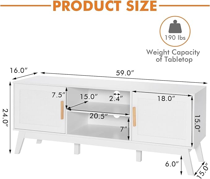 LOKO Natural Rattan TV Stand for 65-Inch TV, Media Storage Cabinet with 2 Doors, Adjustable Shelf, Modern Media Entertainment Center with Cable Management Holes for Living Room, Bedroom