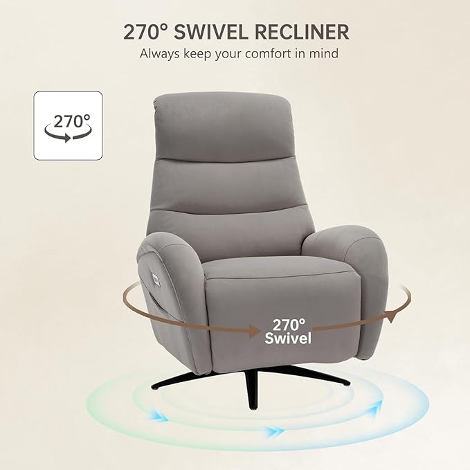 Power Recliner Chairs for Adults, Recliner Swivel Chair with USB & Type-C Ports, Khaki Fabric Recliner Chairs for Adults with 270° Swivel, Oversize Reclining Chair W/ 20.1" Wide Seat