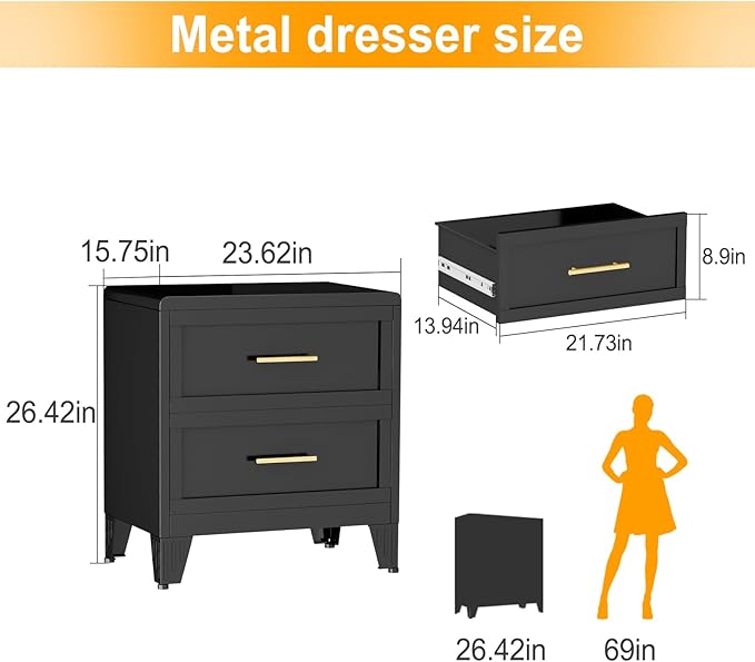 Metal Dresser Narrow Dresser for Bedroom Chest, 26.42" H Drawer Chest, Closet Dressers & Chests of Drawers for Living Room, Hallway (2 Drawers Black 24inch Wide)