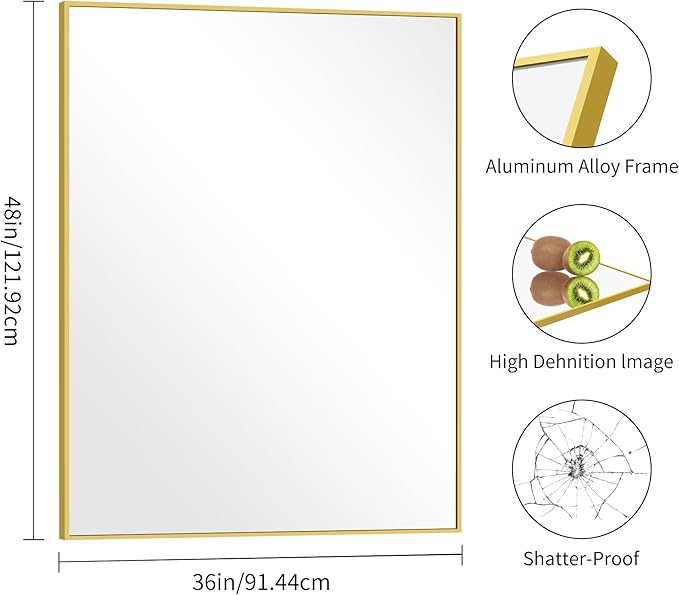 36x48inch Bathroom Mirror, Gold Rectangle Mirror with Thin Metal Frame, Large Rectangular Wall Mirror for Bathroom, Living Room, Hair Salon, Big Farmhouse Mirror Hang Horizontal/Vertical