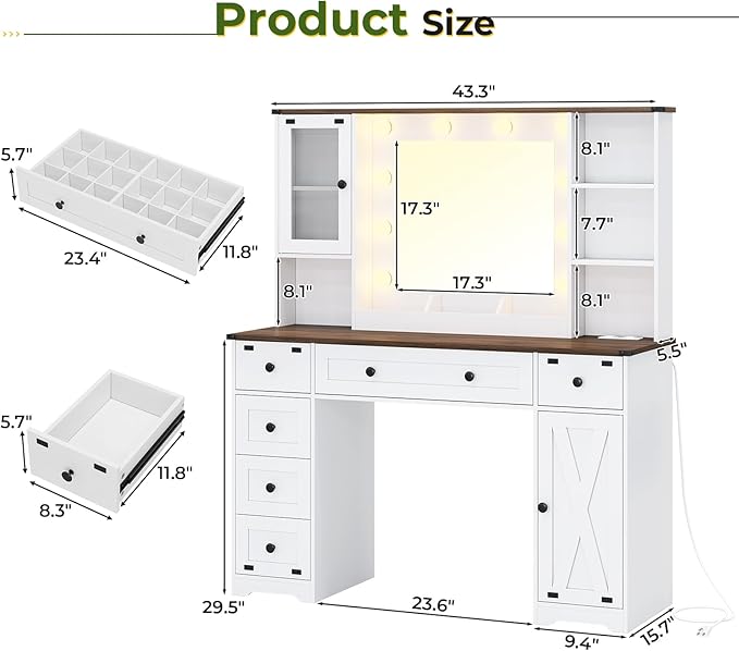 DICTAC Farmhouse Makeup Vanity Desk with Mirror and Lights, Large Vanity Table with Charging Station, 43'' Bedroom Dressing Table with 6 Drawers & 2 Cabinets, 3 Color Lighting Modes, White