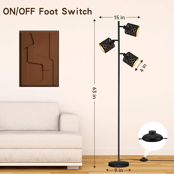 Industrial Floor Lamps for Living Room, Tree Standing Lamp for Bedroom with Adjustable 3-Light, 4W E12 LED Bulb, Modern Stand Up Lamps, Metal Tall Rustic Pole Lamp, Vintage Farmhouse Floor Lamp