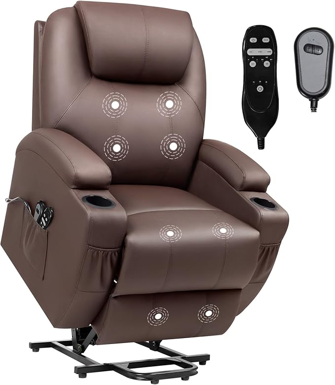 VICTONE Electric Power Lift Recliner Chair for Elderly Reclining Sofa for Living Room with Massage, Side Pockets and Cup Holders (Leather, Brown)