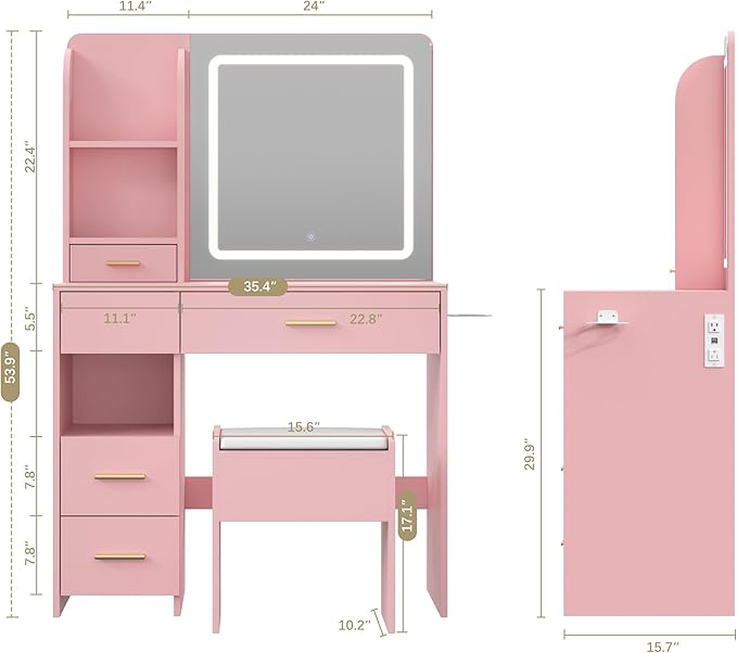 Vanity Desk with Mirror and Lights, 3 Adjustable Lighting Makeup Vanity Desk with 3 Storage Shelves, 5 Large Drawers and Power Outlet, Pink Vanity with Chair for Bedroom