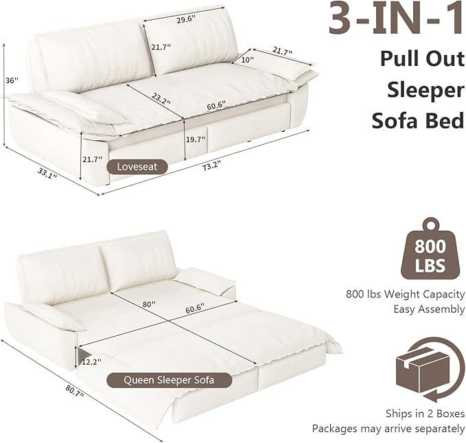 73.2-Inch Queen Size Convertible Sleeper Sofa Bed, 3-in-1 Pull-Out Futon Loveseat, Velvet Futon Couch with 2 Soft Pillows for Living Room, Office, Apartment, RV, Hide-A-Bed Fold Out Sofa&Couches