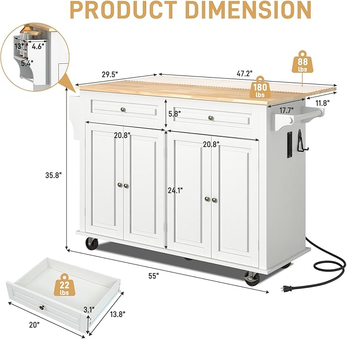 55" Movable Kitchen Island with Drop Leaf and Power Outlet, Rolling Island Cart w/Storage Cabinet, Island Table on Wheels for Kitchen w/2 Drawers, Spice Rack, Towel Bar, Garage Hook, White