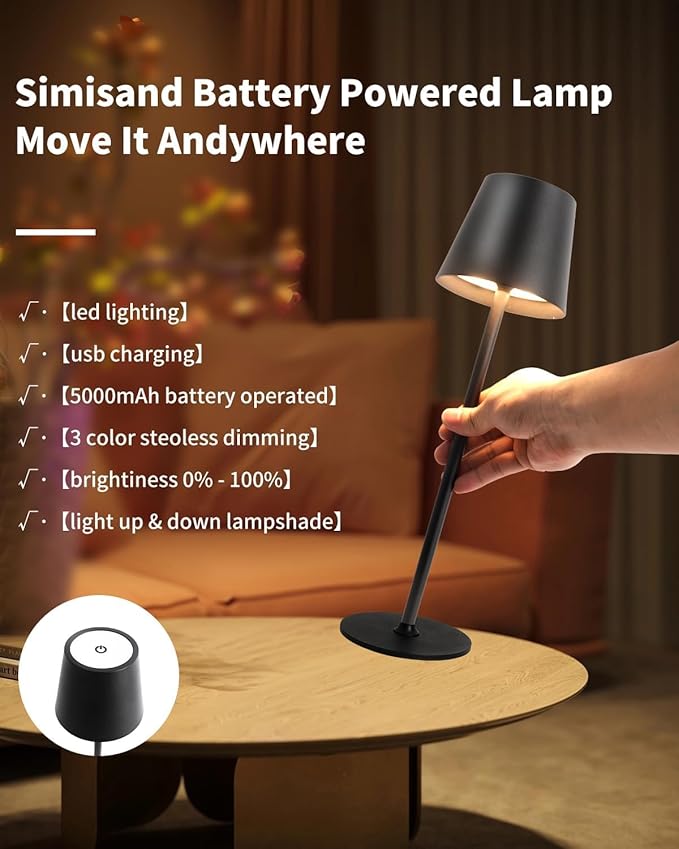 Cordless Table Lamp, Rechargeable Black, 5000mAH Battery Operated Lamp, 3 Color Stepless Dimming Outdoor LED Wireless Lamp for Bedroom/Restaurant/Desk/Cafe/Dining Room