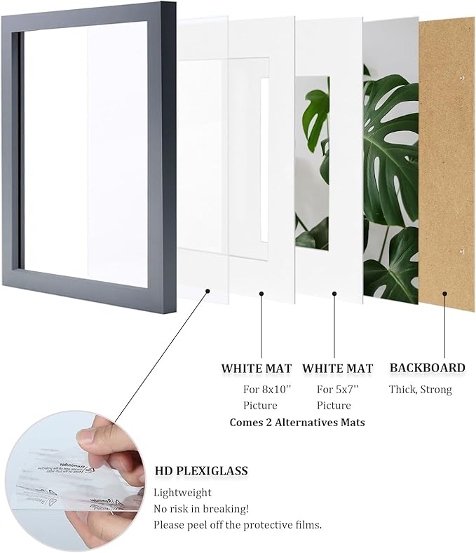 Egofine 11x14 Picture Frame Display Pictures 5x7 / 8x10 with Mat or 11x14 Without Mat Made of Solid Wood Covered by Plexiglass for Table Top Display and Wall Mounting Photo Frame, Dark Grey