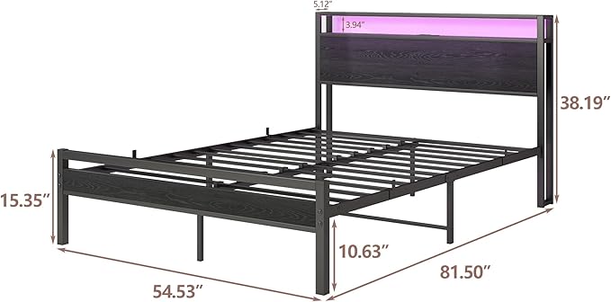 Full Size Bed Frame with Storage Headboard/LED Lights, Metal Bed Frame with Charging Station, Platform Bed Frame No Box Spring Needed, Heavy Duty Metal Slats Support, Black