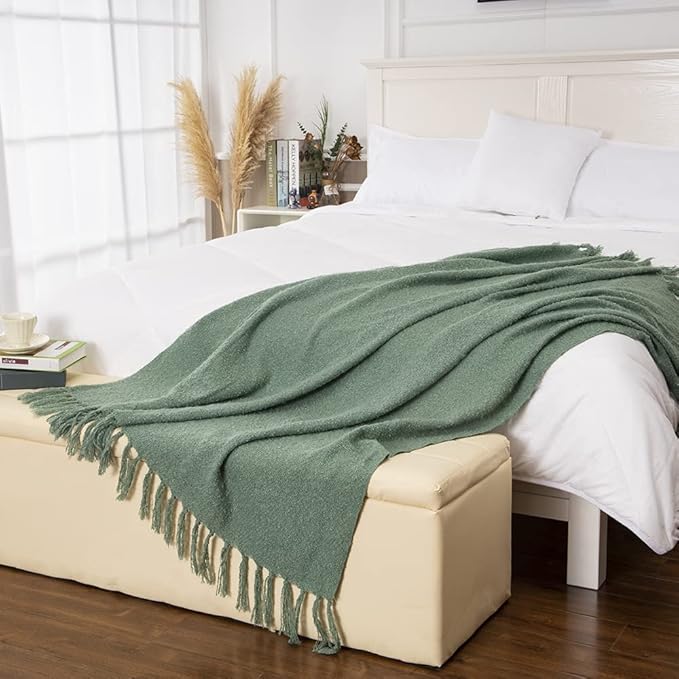 Gealaek Decorative Fluffy Green Throw Blanket Fringe Lightweight Fuzzy Faux Cashmere Soft Cozy Throws for Sofa Bed Farmhouse 50" x 60"