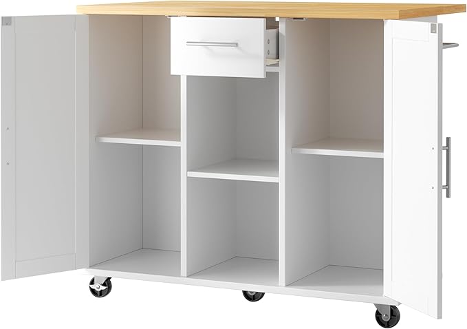 JY QAQA 42" Kitchen Island with Storage on Wheels, Rolling Table with Drop Leaf, Drawers, Cart Handle for Towel Rack or Free Movement, White