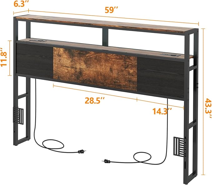 Queen Size Headboard, Headboards with Charging Station, USB Port and LED Light, Head Board with 2-Tier Storage Shelf, Adjustable Height, Easy Assembly, Sturdy and Stable, Rustic Brown