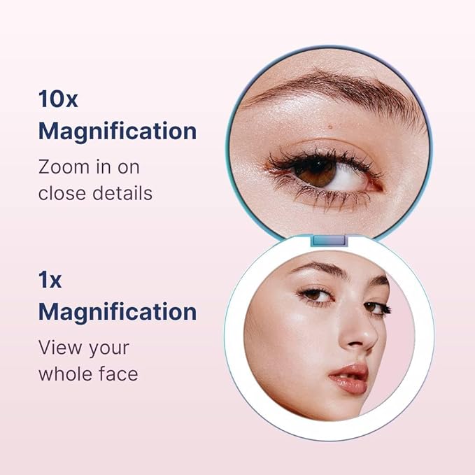 Fancii Taylor Travel Makeup Mirror with LED Light, Rechargeable, 10x /1x Magnifying & 3 Light Settings - Compact, Large 5” Wide Mirror for Handbag and Purses (Lavender Lagoon)