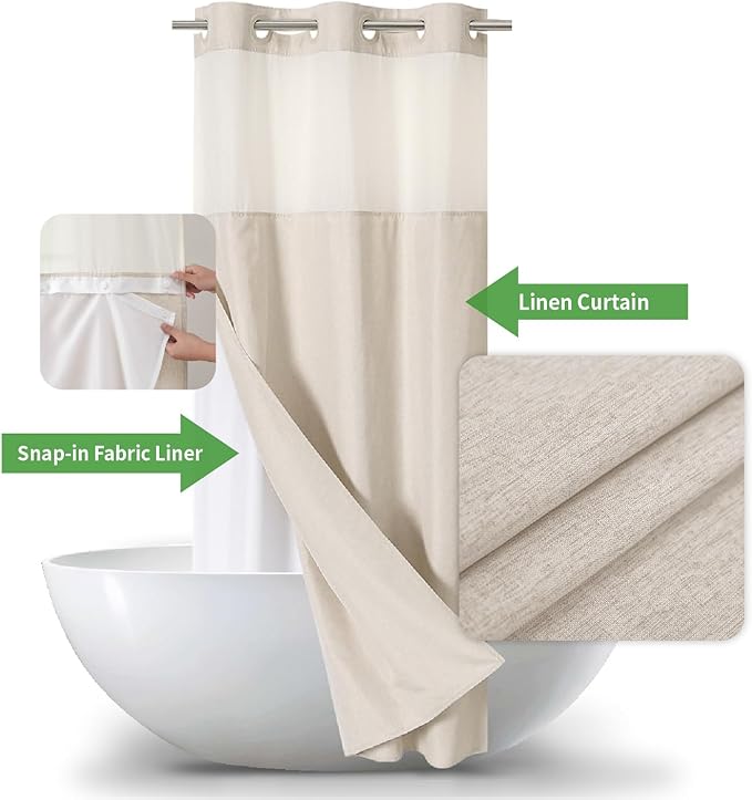 Stall No Hooks Needed Linen Textured Shower Curtain with Snap-in Fabric Liner Set,Hotel Luxury Decor Shower Curtains for Bathroom with Mesh Top Window,Waterproof & Washable,36Wx74H,Cream