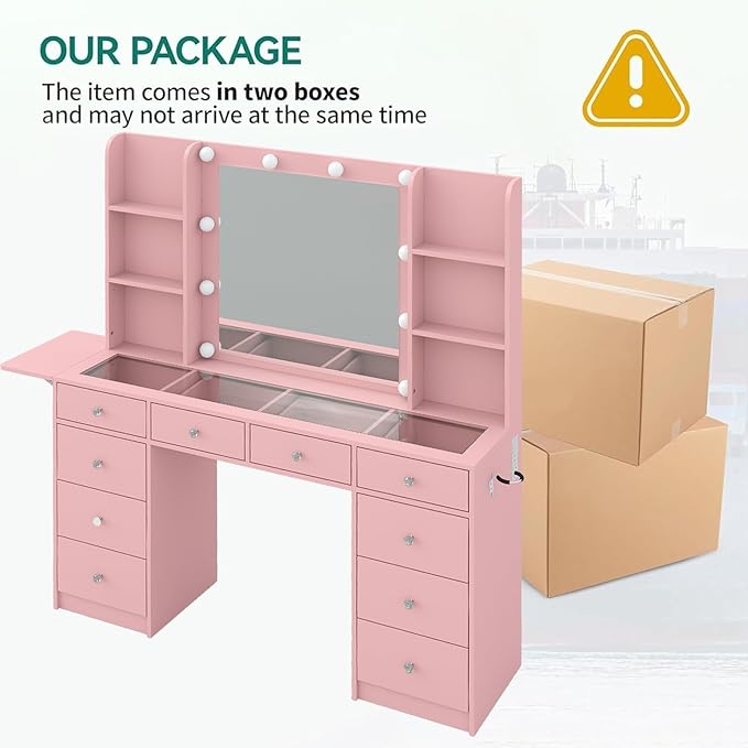Vanity with Mirror and LED Lights,Vanity Desk with Power Outlet, Makeup Vanity with Drawers and 2 Cabinets, Fold-up Panel, Glass Top Vanity Table with Chair for Bedroom (10 Drawers, Pink)