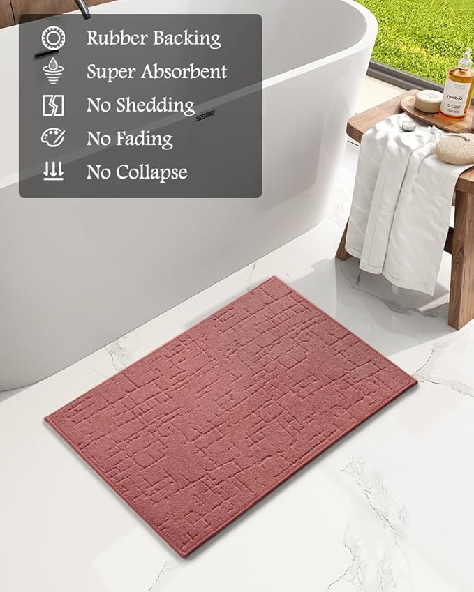 AMOAMI-Bath Mat-Absorbent Quick Dry Bathroom Floor Mats-Washable Rubber Backing Bath Mats for Bathroom Rugs Fit Under Door-Bath Rug for in Front of Sink Bathtub Shower Room, Rose 17''x24''