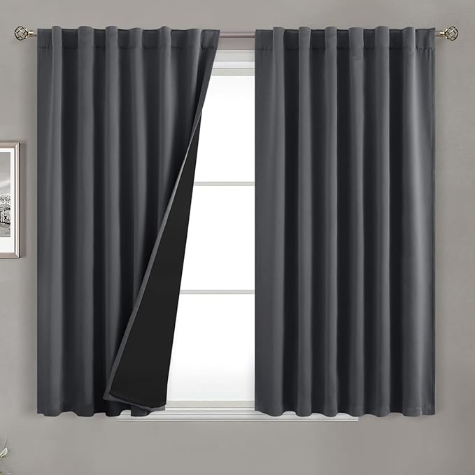 BGment 100% Room Darkening Thermal Insulated Blackout Curtains 45 Inches Long for Bedroom, Rod Pocket and Back Tab Double Layer Noise Cancelling Curtain with Liner (52 x 45 Inch, 2 Panels, Dark Grey)