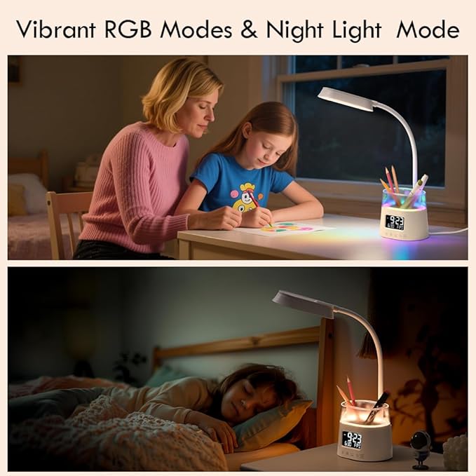 WILIT LED Desk Lamps for Home Office with Pen Holder, Table Lamp for Bedroom with USB Charging Port & Clock, RGB Night Light, Study Lamp for Kids Student, Desk Lamp for College Dorm Room Essentials