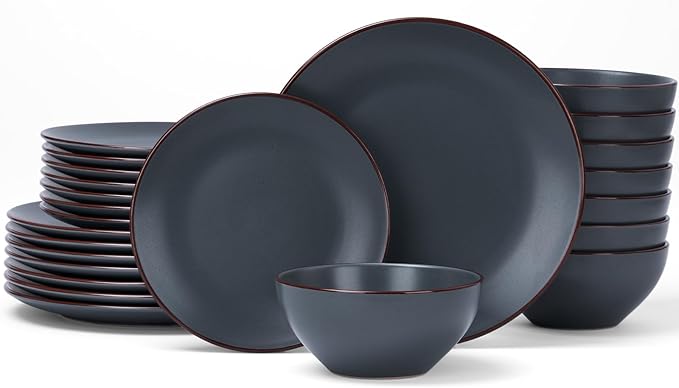 Famiware Venus Ceramic Plates and Bowls Sets, Speckled Dinnerware Dish Sets for 8 (24 Pieces) - Microwave and Dishwasher Safe, Matte Charcoal