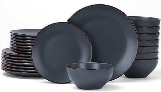 Famiware Venus Ceramic Plates and Bowls Sets, Speckled Dinnerware Dish Sets for 8 (24 Pieces) - Microwave and Dishwasher Safe, Matte Charcoal