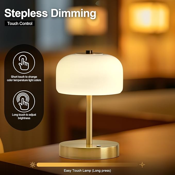 PORTRES Cordless Table Lamp Rechargeable Battery Operated Mushroom lamp Opal Glass Shade 3 Way Dimmable LED Touch Outdoor Lamp for Camping Bedroom Dining Living Room Beside Patio Restaurant,Gold