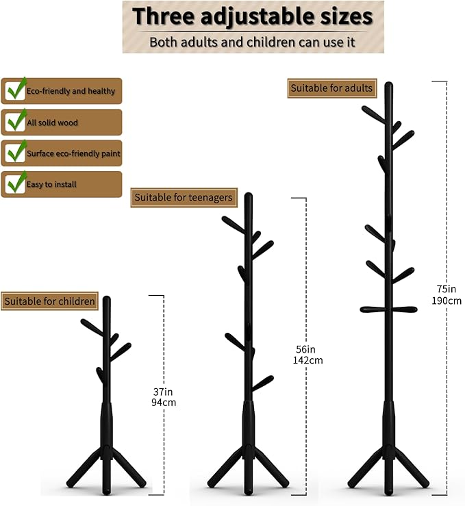 Solid Wood Coat Rack, Freestanding Tree-Shaped Coat Rack with 11 Hooks, Main Pole 1.6" dia for Clothes, Hat Stand Used in Bedroom/Office/Entryway (3-Leg Base, Black)