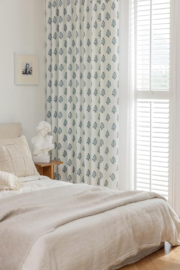 Linen Blend Pinch Pleated Curtains for Living Room, Bedroom, Dining Room - Light Filtering Curtains 2 Panels Set - Luxury and Modern Floral Printed Design - Kashmir Blue, 30" W x 96" L