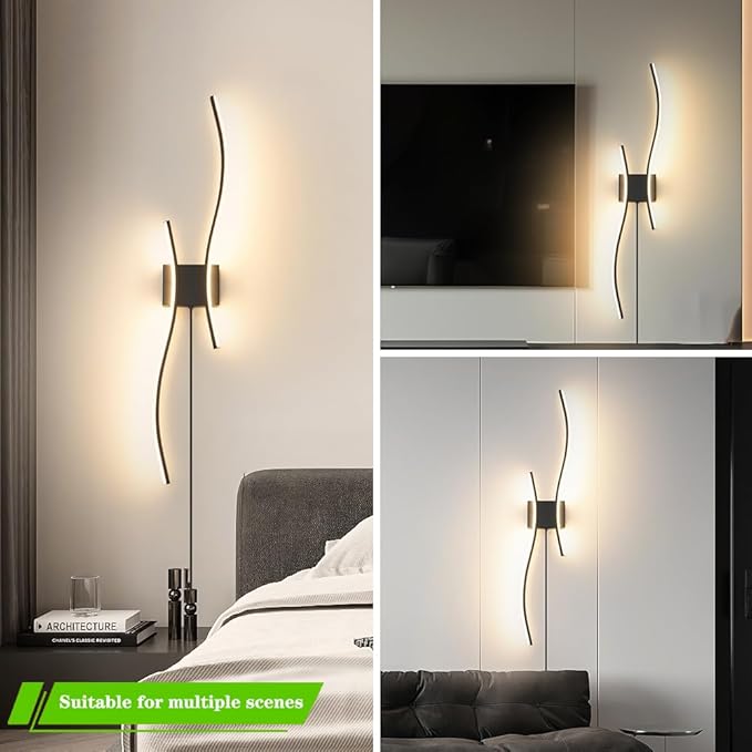 Modern Black Plug in Wall Sconces Set of 2 - Smart Dimmable LED Wall Lights with Remote, 3CCT Adjustable & Memory Function, Timer Setting - No Wiring Needed for Living Room, Bedroom, Hallway