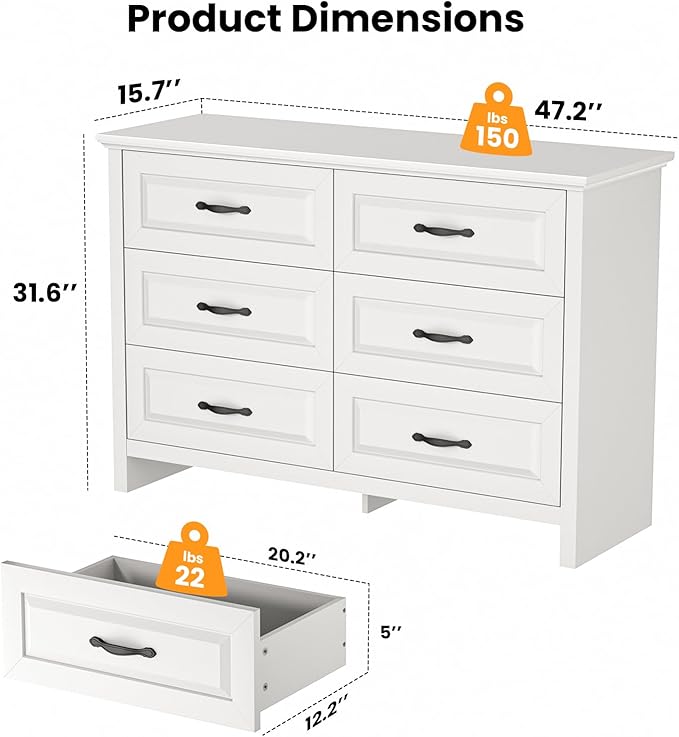 Amada Farmhouse 6 Drawer Dresser for Bedroom, 47.2 Inch Wide Wood Dresser with Natural Texture, Large Drawers, Rustic Farmhouse Chest of Drawers for Bedroom, Living Room, Hallway, White